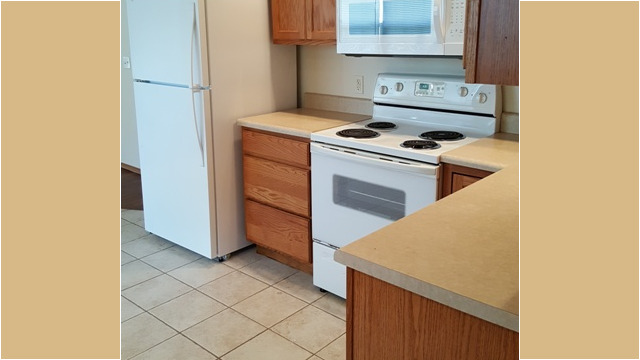 Appliances include fridge, stove/oven and microwave
